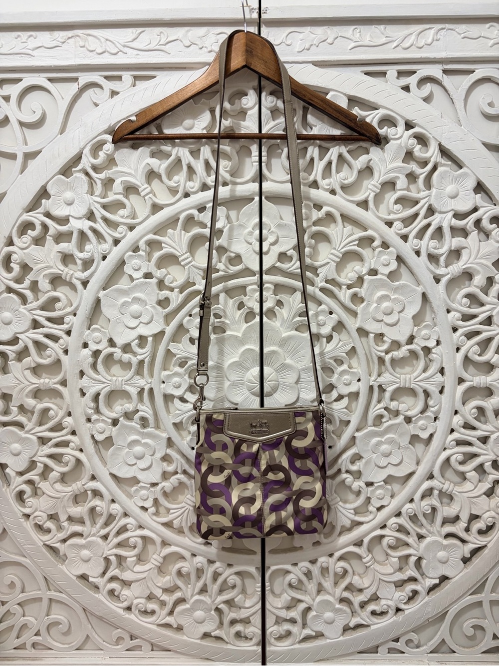 Coach Purple Geometric Print Nylon Crossbody Bag Metallic Trim